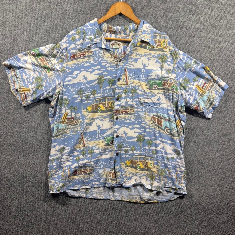 Vintage Reyn Spooner Shirt Mens XXL Art Of Eddy Y Hawaiian Rayon Woody Car Surf